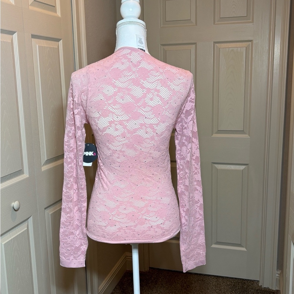 “Pink Dot” Rhinestone Embellished Mesh-like Top in pink. NWT Size Large - Picture 4 of 6